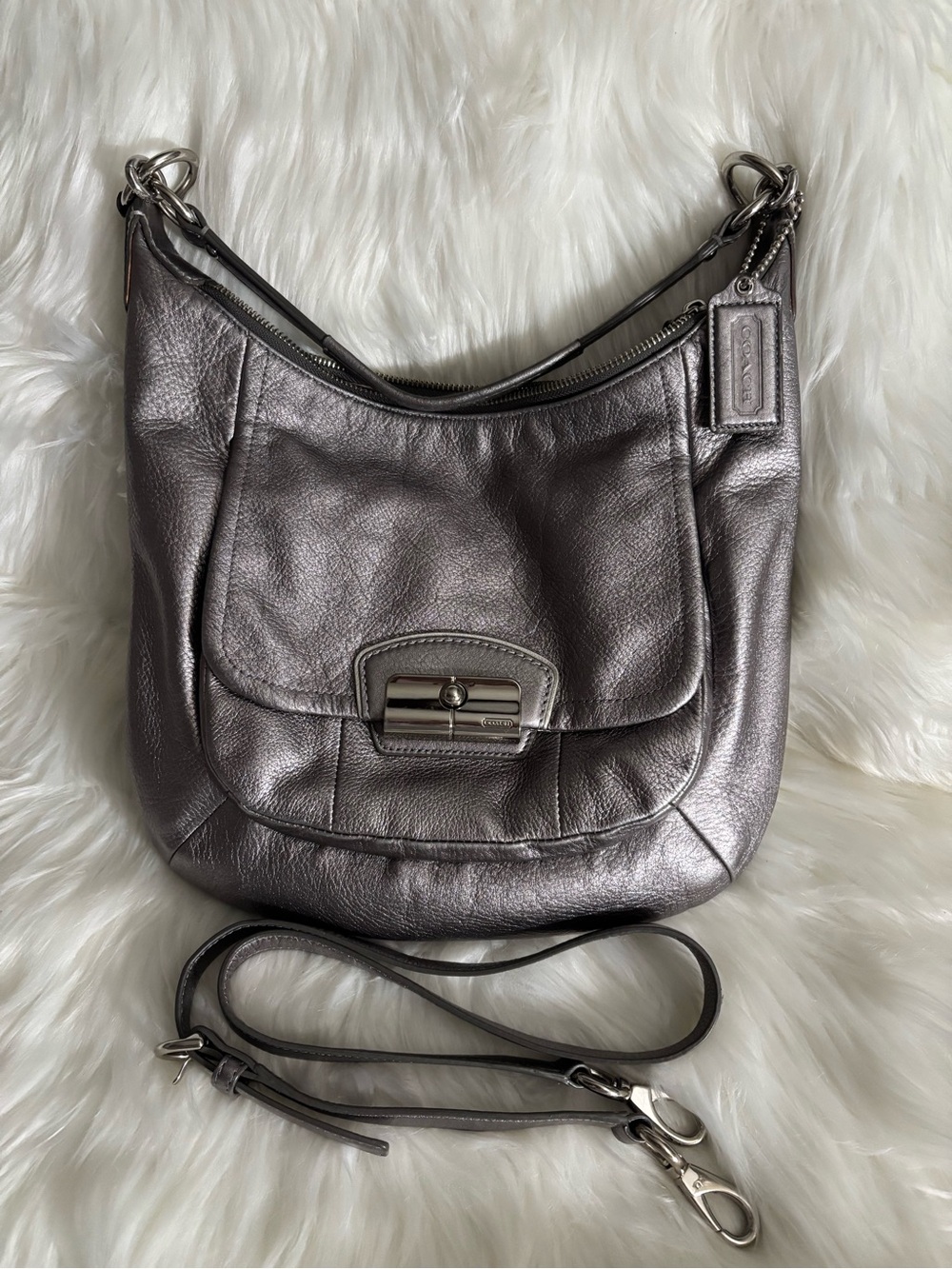 Coach Metallic Silver Kristin Hobo Bag with Adjustable Crossbody Strap